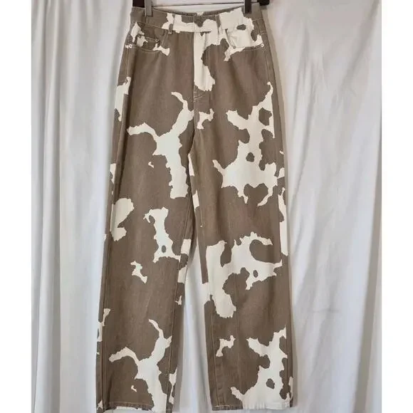 12th Tribe Womens Designer Midland Cow Print Wide Leg Jeans XS - Picture 2 of 8